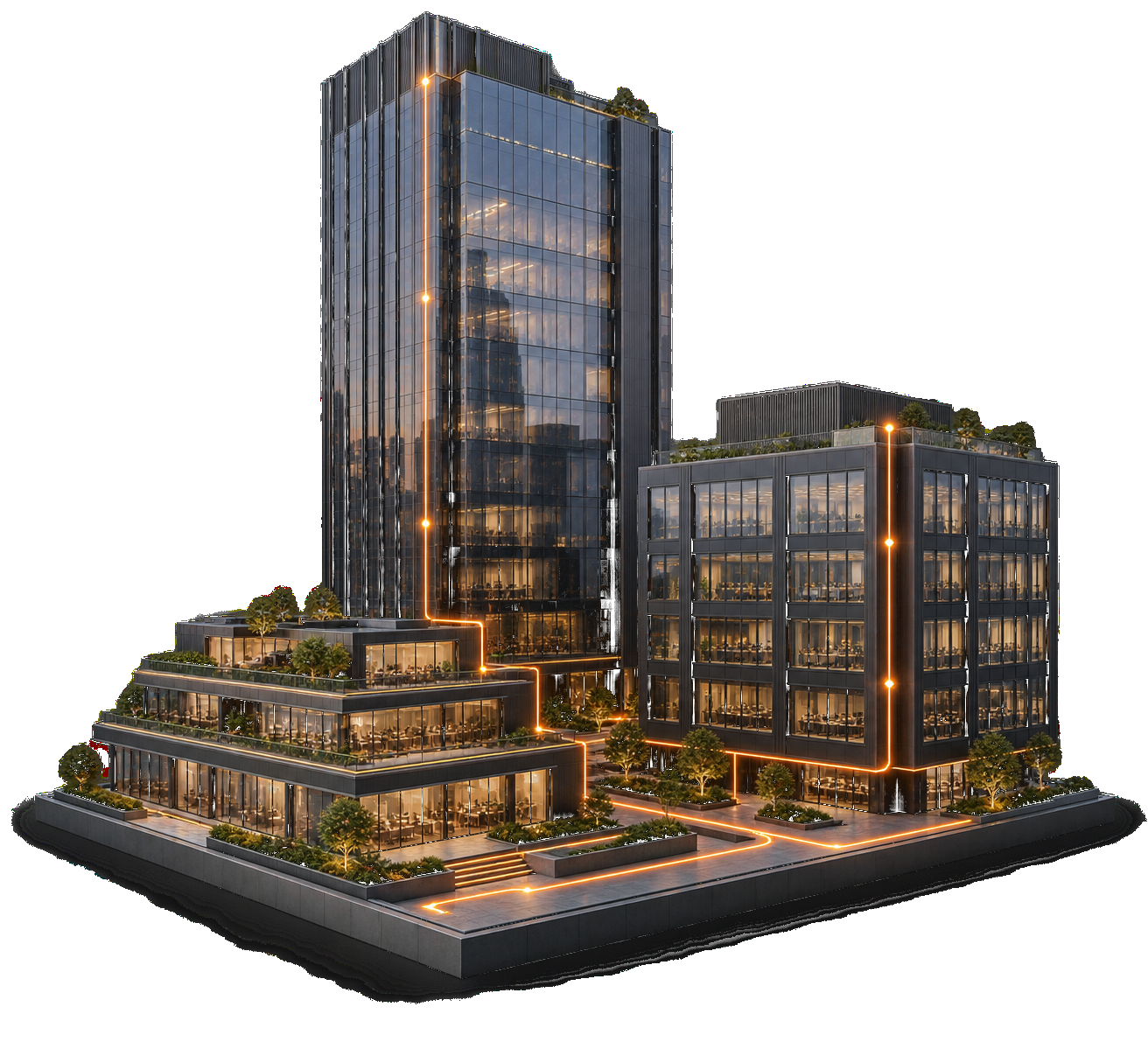 Isometric render of three graphite commercial towers on a shared base, linked by thin orange light paths